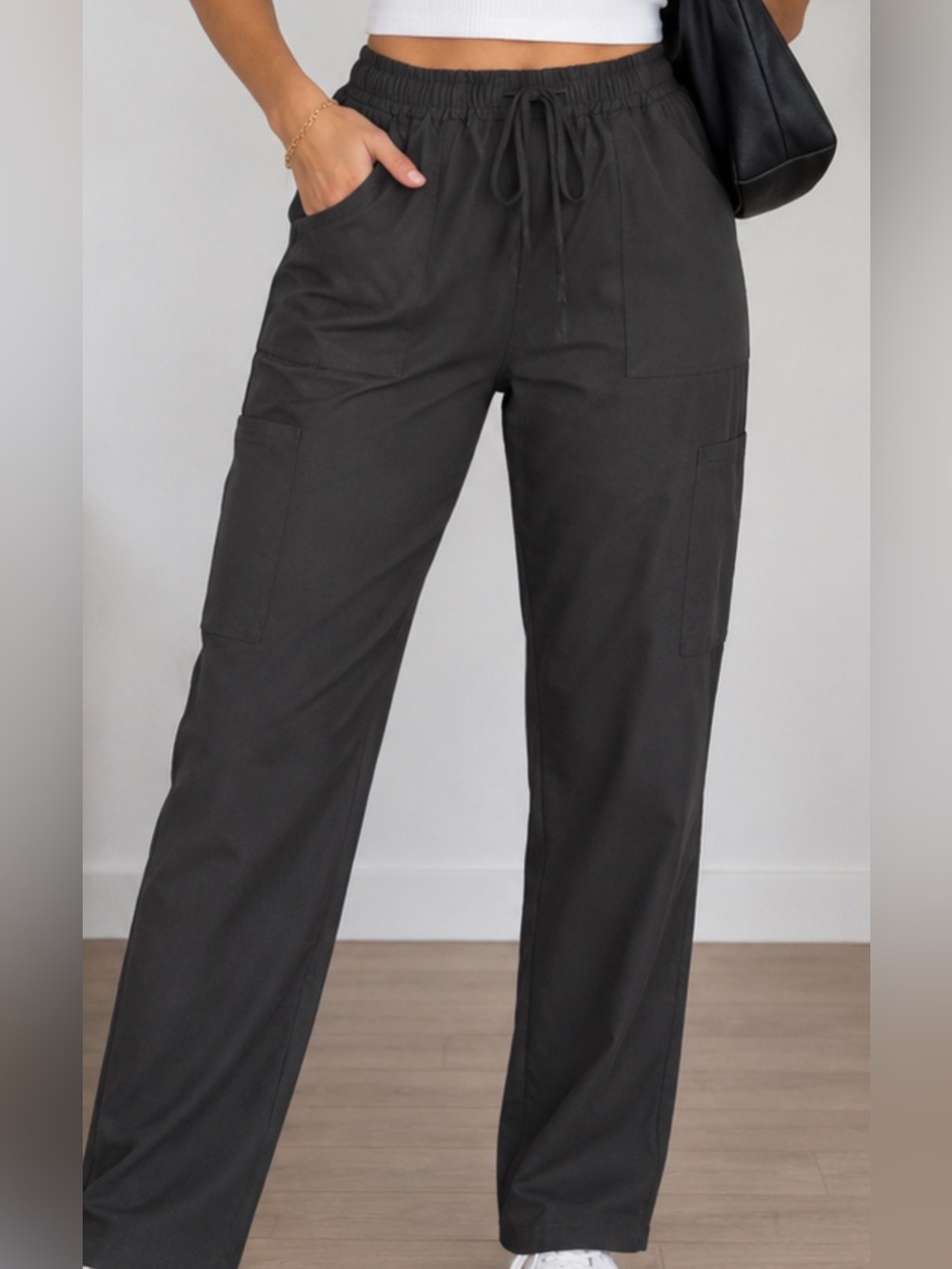 Women's Black Drawstring Cargo Crop Pants - Picture 2 of 12